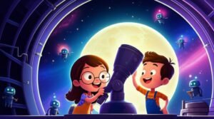 História Infantil A Sinfonia Lunar de Aurora e o Mapa das Estrelas Cadentes: ilustração de crianças em um observatório, observando a lua e as estrelas através de um telescópio.