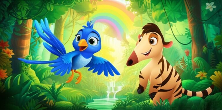 Imagem da História Infantil sobre a natureza: O Segredo da Cachoeira Arco-Íris, com Janaína, a curió, e Caetano, o tamanduá-bandeira, observando um arco-íris vibrante em uma cachoeira na floresta.