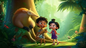 Uma imagem vibrante para a História Infantil "O Sussurro Secreto da Árvore Guardiã", mostrando um garoto, uma garota e um tamanduá gigante em uma floresta mágica, aprendendo sobre a natureza.