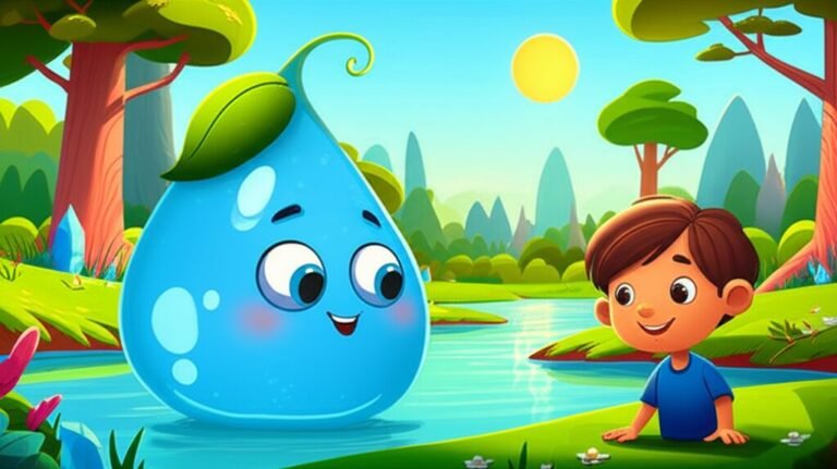 História Infantil sobre a água: A Gotinha Curiosa e o Rio Falante. Ilustração de uma gotinha d'água, um rio e um menino explorando a natureza com um sorriso.