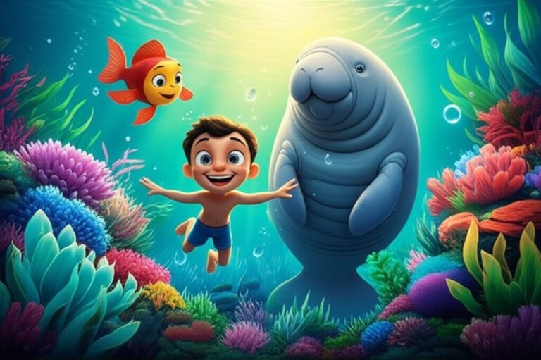 Uma vibrante ilustração de História Infantil mostrando o menino Joca, a peixe-boi Dona Marisa e o peixinho Faísca explorando uma colorida horta submarina, repleta de algas e plantas aquáticas, celebrando a alimentação vegetariana/vegana de forma divertida.