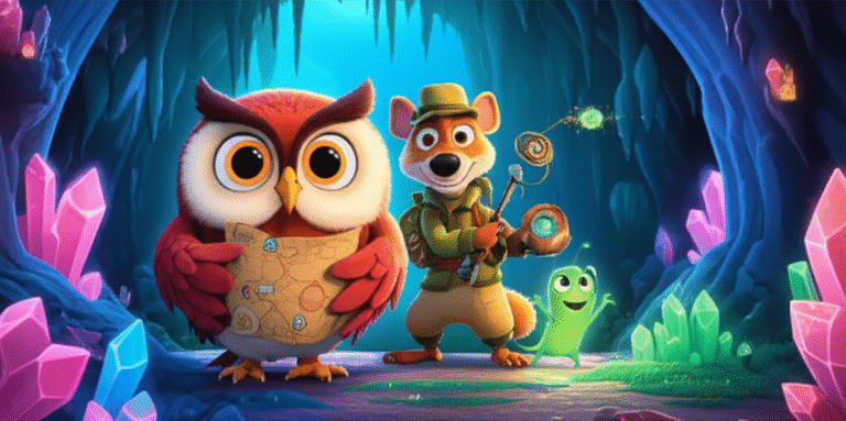 História Infantil O Enigma dos Cristais Cantantes. Ilustração vibrante de uma coruja, um esquilo e um vaga-lume em uma caverna de cristais, simbolizando a aventura e amizade.