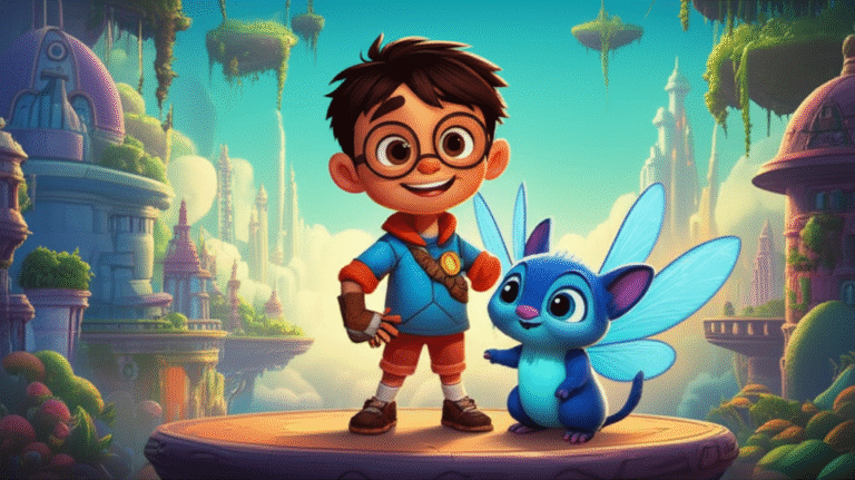 História Infantil: Ilustração vibrante mostrando Zylos, um garoto inventor, e Kira, uma criatura alada azul, em uma cidade flutuante, simbolizando a amizade e a aventura.