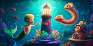 História Infantil: Imagem vibrante de Finn, o tritão, Coralia, a enguia-lanterna, e Kael, o caranguejo ermitão, em frente ao Farol Cintilante subaquático, simbolizando a amizade e a descoberta.