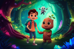 História Infantil O Segredo Brilhante da Floresta Subterrânea, mostrando os personagens Joaquim, Beta e Toco em uma floresta cintilante, ilustrando a amizade e a aventura da história.