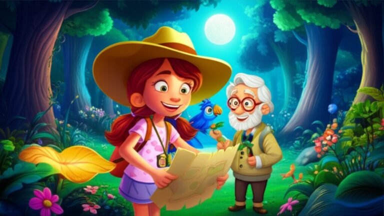 História Infantil A Jornada Secreta da Folha Dourada, ilustração de Micaela, Tico e Doutor Balthazar explorando uma floresta colorida, símbolo de amizade e aventura.
