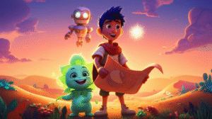 Imagem de destaque da História Infantil O Segredo da Esfera Cintilante no Deserto de Areias Cantantes, mostrando os personagens Kael, Luna e Orion, que são um jovem explorador, uma criatura planta-animal e um autômato, unindo forças para ativar uma esfera lendária em um deserto mágico.