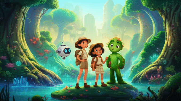 Ilustração da História Infantil O Segredo da Esfera Cintilante no Vale Sussurrante, mostrando os personagens Anya, Zylos e Kael no Vale Sussurrante.
