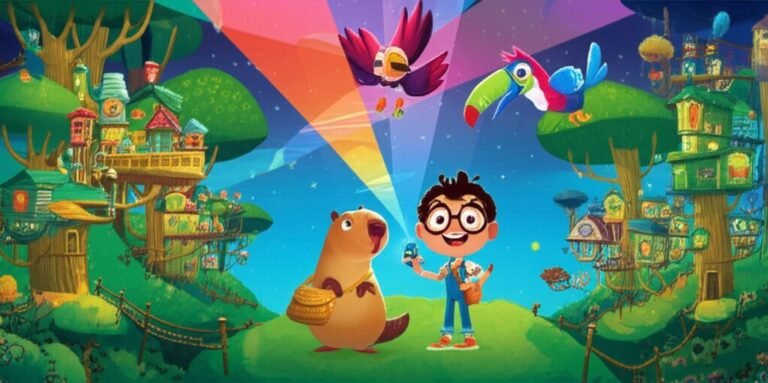 Imagem da História Infantil O Segredo Luminoso da Cidade Suspensa, com a capivara Cadu, a tucana Teca e o menino Leo, personagens principais que se unem pela amizade para um projeto inovador. A imagem representa o tema central da História Infantil.