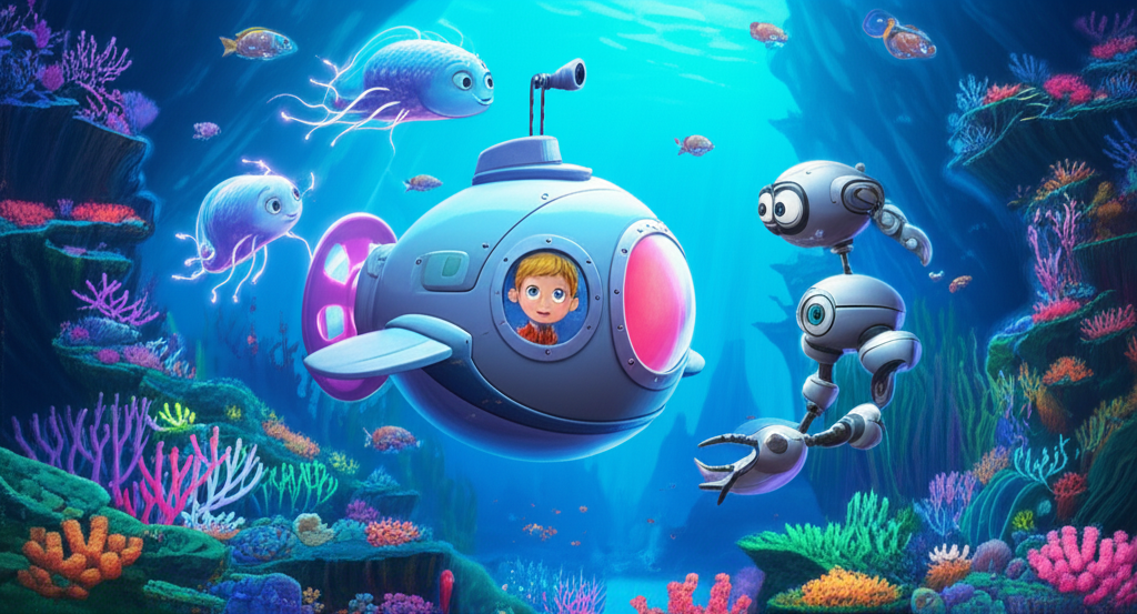 História Infantil O Segredo Luminoso das Profundezas Aquáticas. Imagem com um menino em um submarino, uma criatura luminosa e um drone robótico em um oceano profundo e brilhante, simbolizando amizade e aventura.
