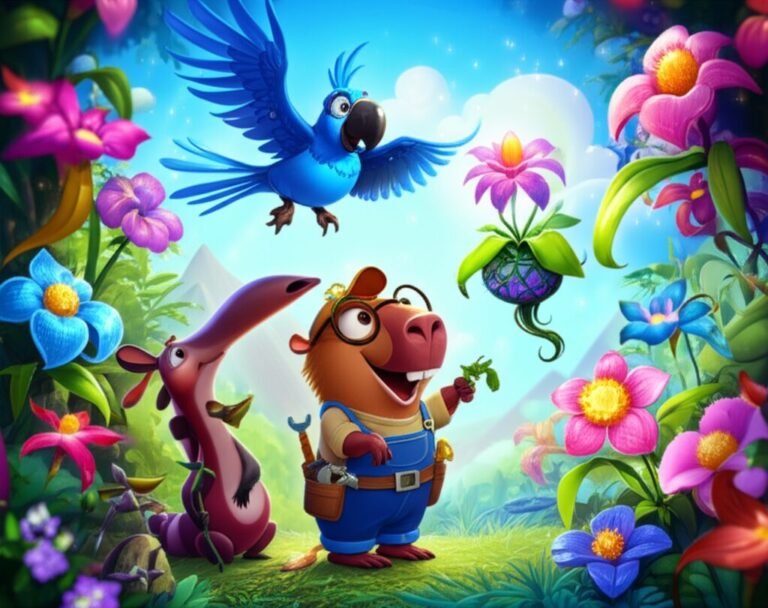 História Infantil: Uma ilustração vibrante mostrando Beto, o capivara, Jaci, a arara-azul, e Rita, a tamanduá-bandeira, trabalhando juntos em um cenário mágico com orquídeas flutuantes coloridas.