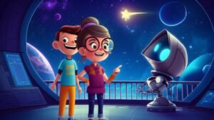 Imagem da História Infantil O Resgate do Estrela-Cadente Perdido, mostrando Léo, Dona Aurora e o robô Faísca no observatório, ajudando um pequeno estrela-cadente perdido.