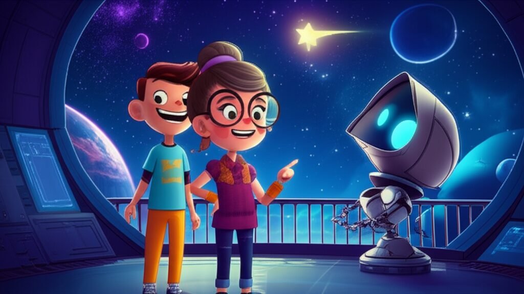 Imagem da História Infantil O Resgate do Estrela-Cadente Perdido, mostrando Léo, Dona Aurora e o robô Faísca no observatório, ajudando um pequeno estrela-cadente perdido.