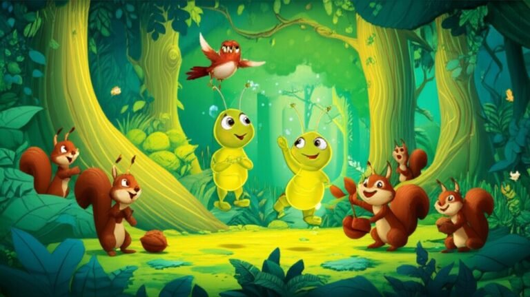 História Infantil sobre Amor: Ilustração de um pequeno vagalume brilhante chamado Pingo em uma Floresta Esmeralda, cercado por esquilos cinzentos felizes que se abraçam e compartilham, enquanto uma cotovia os observa. A imagem captura a alegria e a união da história infantil.
