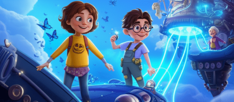História Infantil sobre Amor ao Próximo: O Farol das Borboletas Azuis. Imagem de Lia e Kael em uma plataforma flutuante, ativando uma ponte de luz que conecta sua cidade a uma plataforma distante, cheia de borboletas azuis, com Dona Aurora sorrindo ao longe.