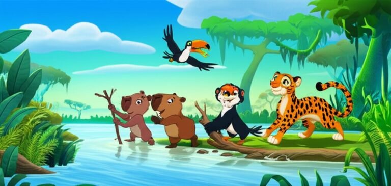 Uma cena animada da História Infantil sobre animais para educação infantil, A Grande Jornada da Capivara Cássia e Seus Amigos no Pantanal Encantado, com a capivara, o tucano e a onça limpando um riacho no Pantanal.