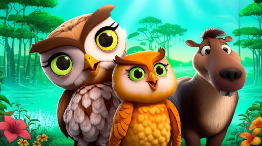 Uma imagem colorida da História Infantil A Coruja Aurora e o Segredo da Árvore Sábia, com a coruja Aurora, o tamanduá-bandeira Bino e a capivara Clara explorando o Pantanal. Ideal para ilustrar o conteúdo da história infantil.