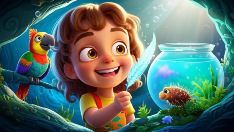 Uma menina sorridente com seus animais de estimação, uma papagaia colorida e um ouriço do mar em um aquário, simbolizando a amizade e a descoberta na História Infantil sobre animais de estimação.