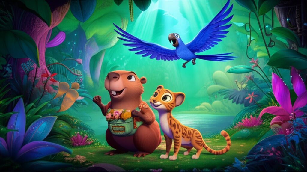 História Infantil sobre Animais Fantásticos: Beto a capivara e Jaciara a jaguatirica em uma floresta cintilante, olhando para Cristalina a arara-azul que brilha, representando a busca pela harmonia da natureza.
