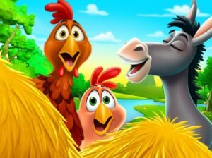 Imagem da História Infantil: Dona Cotinha, Seu Barnabé e Raimundo descobrindo o talento de canto do burro no Sítio do Pica-Pau Roxo.