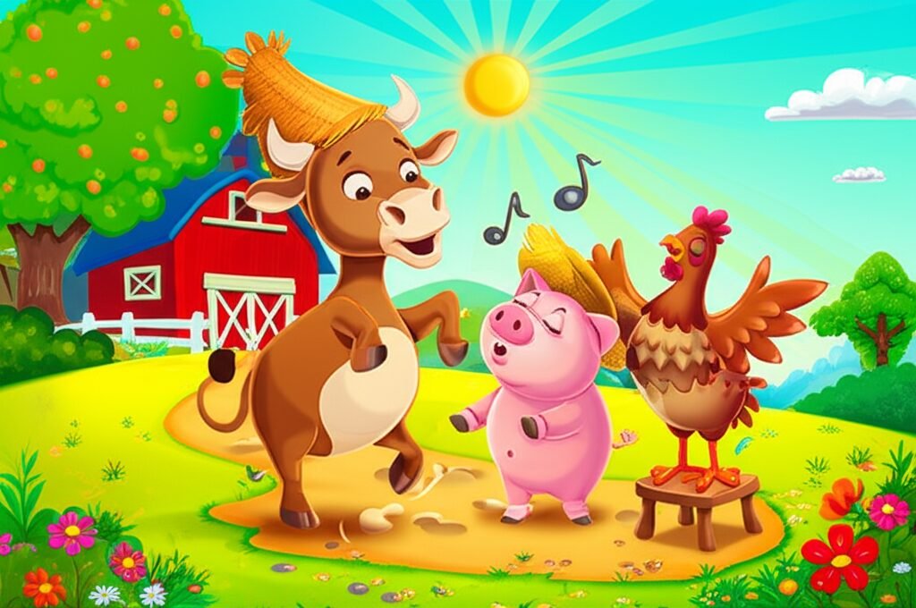 História Infantil: Zeca, o zebu, Dona Pompom, a galinha, e Barnabé, o porco, juntos em uma fazenda ensolarada, apresentando sua sinfonia musical com instrumentos improvisados, celebrando a alegria do Sítio do Sol Nascente.