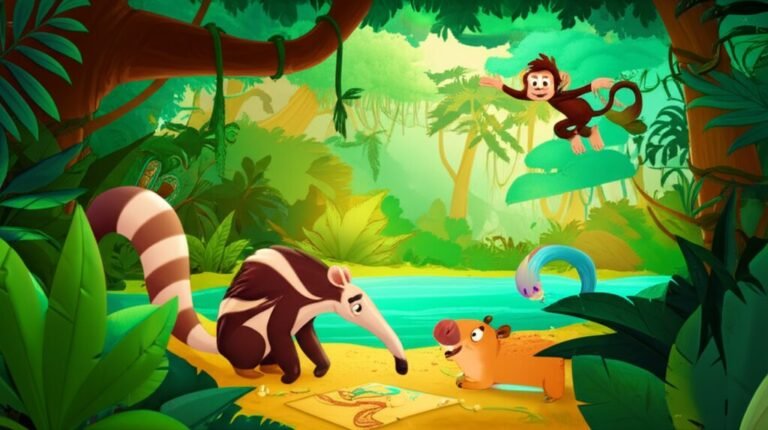 Ilustração vibrante da História Infantil sobre Animais: O Segredo do Rio Cintilante, mostrando um tamanduá, uma capivara e um macaco explorando uma floresta densa e um rio brilhante.