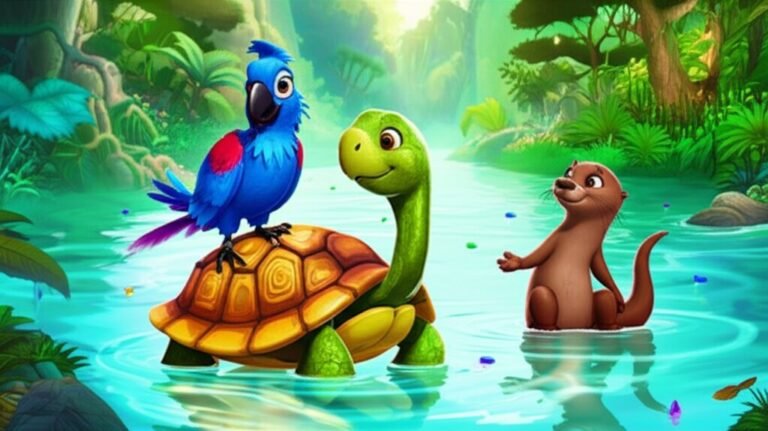 Uma vibrante ilustração da História Infantil sobre animais: O Segredo do Jabuti Dourado e o Rio de Cristais, mostrando um jabuti dourado, uma arara azul e uma lontra brincando em um rio cristalino na Amazônia.