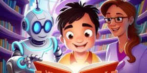 História Infantil A Jornada de Léo e o Livro Interativo. Imagem de Léo e o Guardião Alfa explorando um livro interativo em uma biblioteca futurista, com a Professora Clara ao fundo, ilustrando o aprendizado da leitura e a alegria da descoberta.