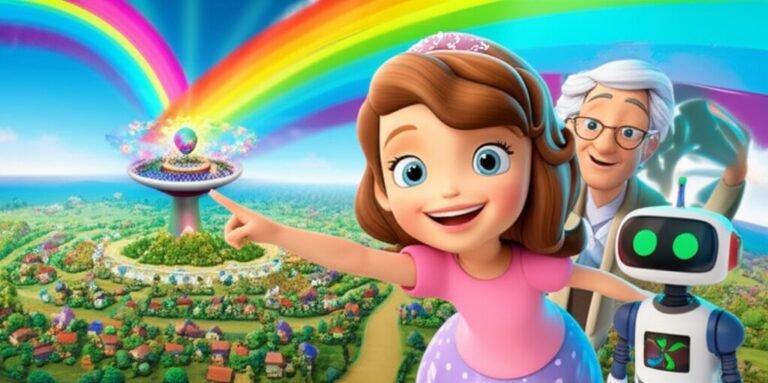 Uma ilustração da História Infantil sobre as Cores: A Cidade Cromática de Sofia, mostrando a protagonista Sofia, o Robô Lumina e o Professor Olavo, com uma cidade futurista ao fundo sendo iluminada por um arco-íris vibrante, simbolizando o retorno das cores e a alegria.