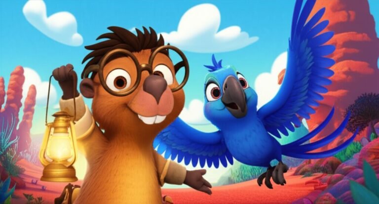 História Infantil sobre as férias: Zico, uma capivara, e Luna, uma arara-azul, explorando um deserto vibrante e colorido, simbolizando a aventura e a amizade nas férias.