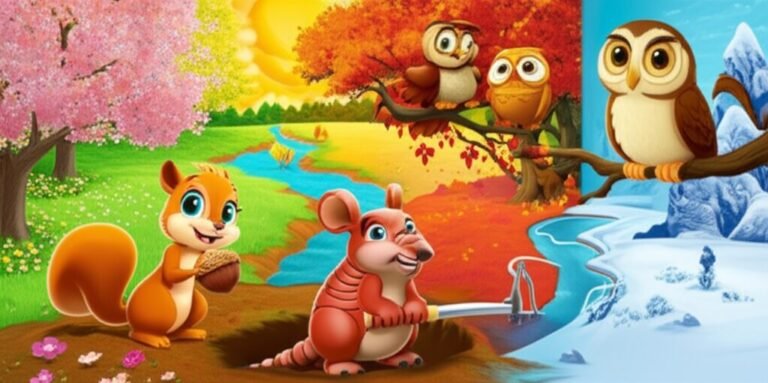 Uma vibrante ilustração da História Infantil sobre as Quatro Estações do Ano, mostrando o armadinho Tatá, a coruja Olavo e a esquilo Cica em um vale colorido que representa as quatro estações.