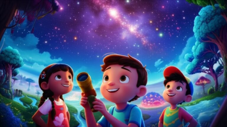 História Infantil sobre o Autismo: O Brilho Único de Leo e a Cúpula Estelar. Imagem de um menino, Leo, olhando para as estrelas em uma cúpula, ao lado de seus amigos Sofia e Pedro, celebrando a diversidade.