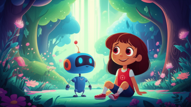 Ilustração da História Infantil sobre Autismo: O Jardim Secreto de Mariana e o Robô Curioso, com uma menina e um robô em uma floresta digital colorida, simbolizando a aceitação e a amizade.