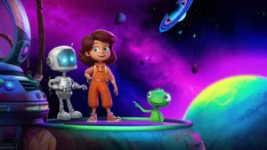 História Infantil A Viagem da Nave Estrela-Guia. Imagem de Luna, Zíper e Kiko em uma aventura espacial, mostrando o planeta Lumina colorido e a nave espacial em uma nebulosa cintilante.