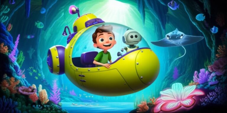 Imagem da História Infantil sobre Aventuras Submarinas: Davi e seus amigos no fundo do mar. Um menino dentro de um submarino, um robô e uma arraia-manta nadando próximos a uma flor bioluminescente subaquática.