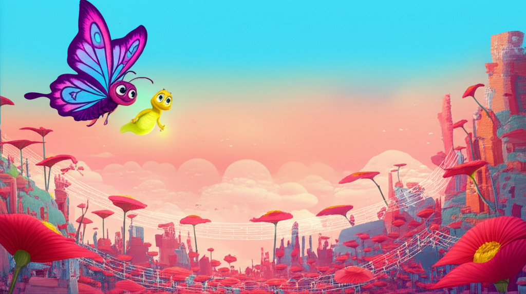 História Infantil sobre Borboleta: Uma ilustração alegre de Lila, a borboleta colorida, e Davi, o vaga-lume, voando em uma cidade nas nuvens, representando a aventura e a união na História Infantil.