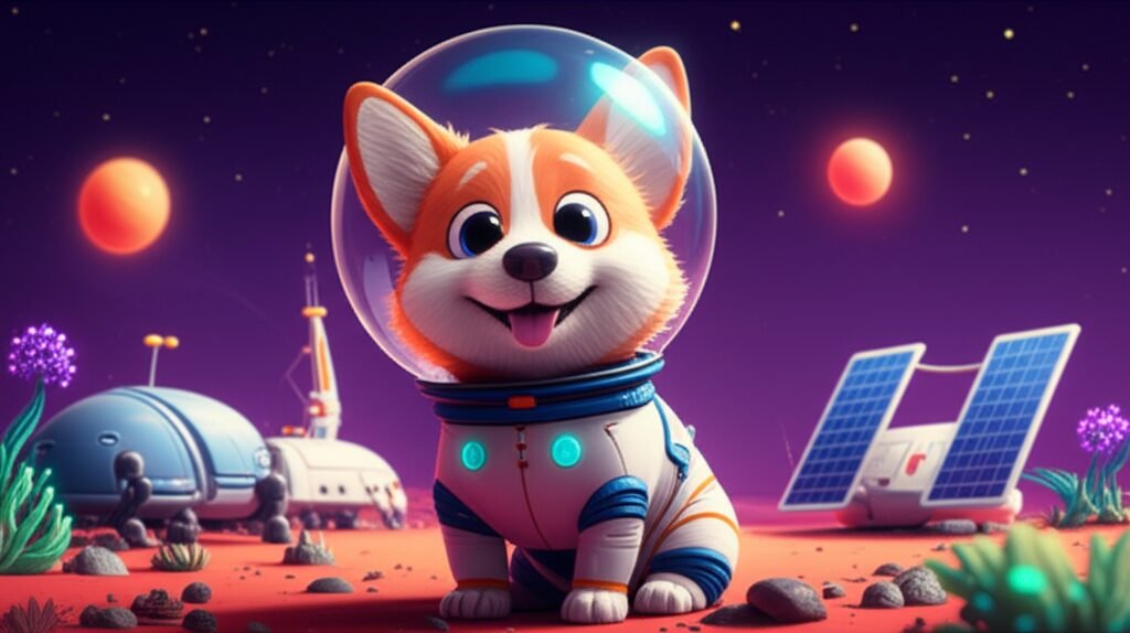 História Infantil sobre cachorro: Imagem de um cachorro corgi espacial em Marte com seu traje, representando a aventura de Bolinha, o Guardião Quatro Patas da Estação Espacial de Marte.