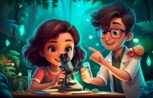 História Infantil sobre ciência, com Mariana, Professor Álvaro e Bento o caranguejo-ermitão explorando uma floresta bioluminescente, focados em um experimento científico.