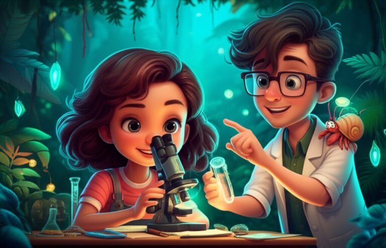 História Infantil sobre ciência, com Mariana, Professor Álvaro e Bento o caranguejo-ermitão explorando uma floresta bioluminescente, focados em um experimento científico.