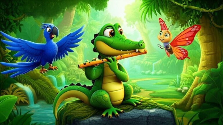 Ilustração da História Infantil O Enigma da Flauta Encantada de Joca, mostrando o jacaré Joca tocando sua flauta, a borboleta Bia observando e a arara Artur cantando na Floresta Sussurrante. Uma História Infantil sobre amizade e ciúmes.