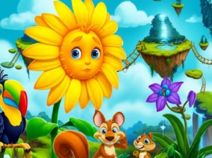 História Infantil sobre Ciúmes: A Flor Curiosa e o Jardim de Amigos. Imagem de uma girassol, um tucano e um esquilo em um jardim flutuante.