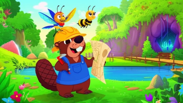 História Infantil: Ilustração dos personagens Juca o castor, Lara a abelha e Caio o tangará trabalhando em conjunto para salvar a ponte no Rio Sereno, representando a colaboração.