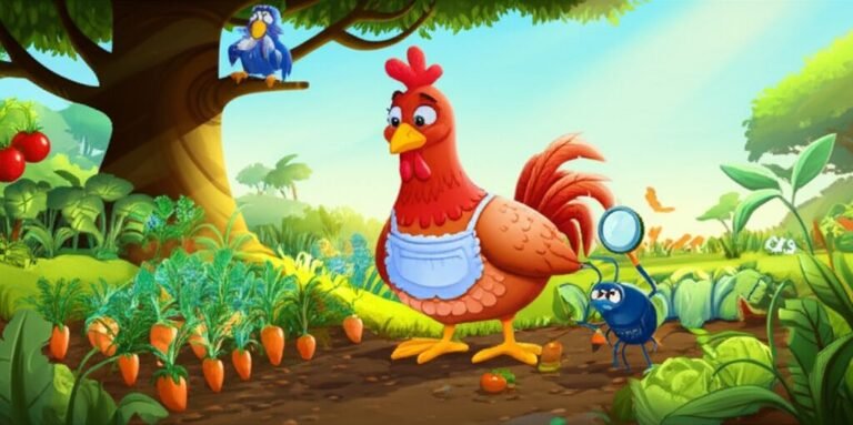 História Infantil sobre Colheita: Ilustração colorida de Dona Cotinha, o besouro Joaquim e o Professor Sabichão em uma horta exuberante, sob a luz do sol, rodeados por vegetais saudáveis e um ambiente alegre.
