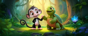 História Infantil sobre Confiança: Ilustração colorida de uma macaca e um jabuti de mãos dadas em uma floresta mágica, simbolizando a amizade e a confiança em sua expedição.