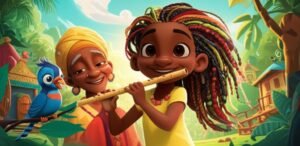 História Infantil sobre Consciência Negra: Imagem da capa mostra Dandara, Vovó Jurema e o passarinho Canto no Quilombo da Harmonia.