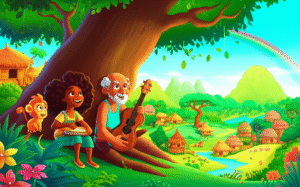 Ilustração da História Infantil O Brilho do Tambor Que Contava Histórias, mostrando a menina Aisha, o Vovô João e o mico Tamborim em um vale colorido, celebrando a consciência negra e a cultura de seus antepassados.