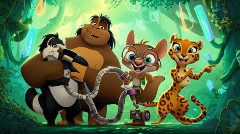 Imagem da História Infantil O Desafio dos Ecodutos de Cristal, mostrando os personagens Bento, Iraci e Cauê cooperando para resolver um problema na Floresta dos Cristais Sonoros.