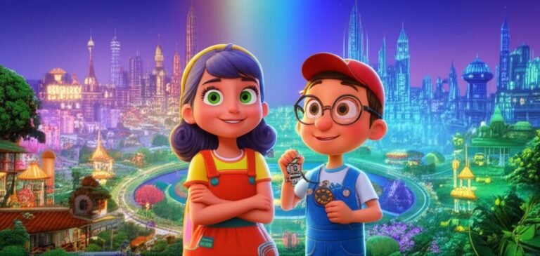 Ilustração da História Infantil sobre as cores, mostrando uma menina e um menino explorando uma cidade vibrante. A imagem simboliza a busca pela restauração das cores e a importância da amizade na História Infantil.