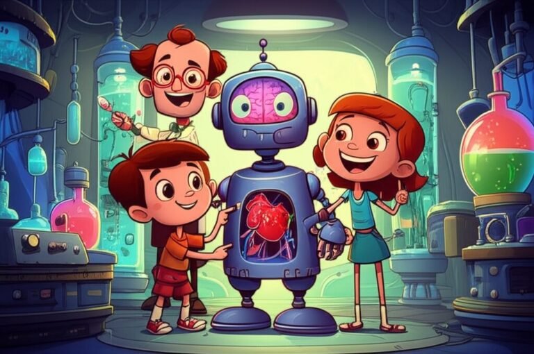 História Infantil sobre o corpo humano: Ilustração vibrante de crianças explorando um robô gigante em um laboratório futurista, com foco nas partes do corpo humano.