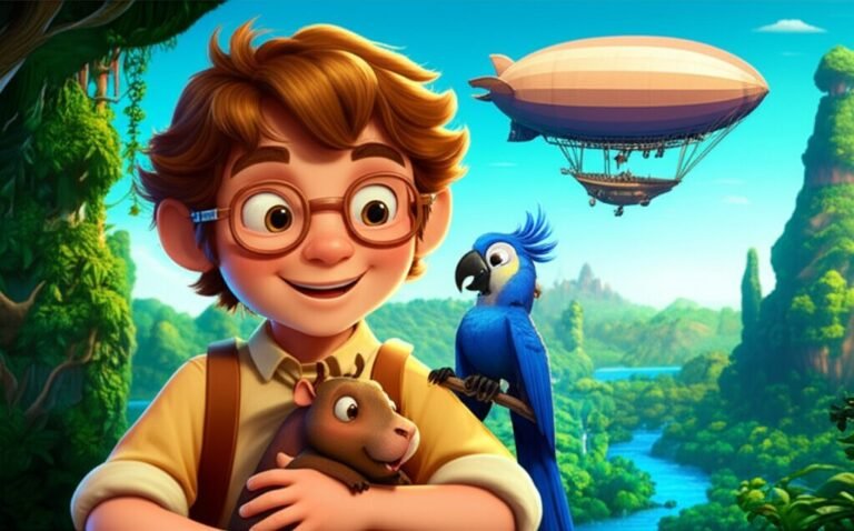 História Infantil: Ilustração vibrante do menino Bilbo com sua amiga arara Toca e um filhote de capivara, com um dirigível científico no céu de VerdeVale, representando a história sobre cuidados com animais de estimação.